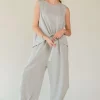 Drawstring Hem Round Neck Tank and Pants Set -  Heather Grey