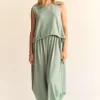 Drawstring Hem Round Neck Tank and Pants Set - Light Green