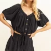 Drawstring Hem Short Sleeve Top and Skort Set - Black