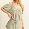 Drawstring Hem Short Sleeve Top and Skort Set - Sage