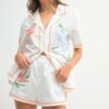 Embroidered Button Down Shirt and Shorts Set - Orange