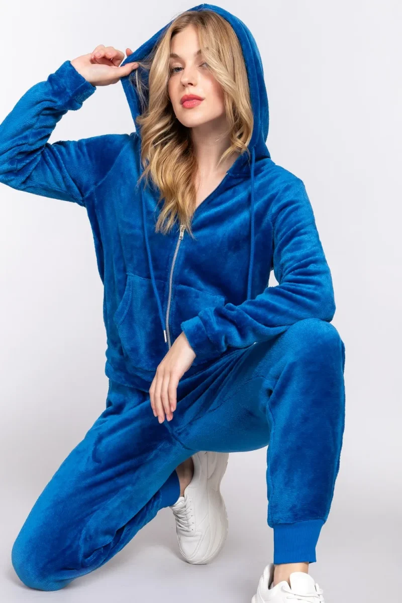 Faux Fur Zip Up Long Sleeve Hoodie and Joggers Set - Deep Blue