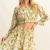 Floral Off-Shoulder Flounce Sleeve Top and Skirt Set - Yellow-Green
