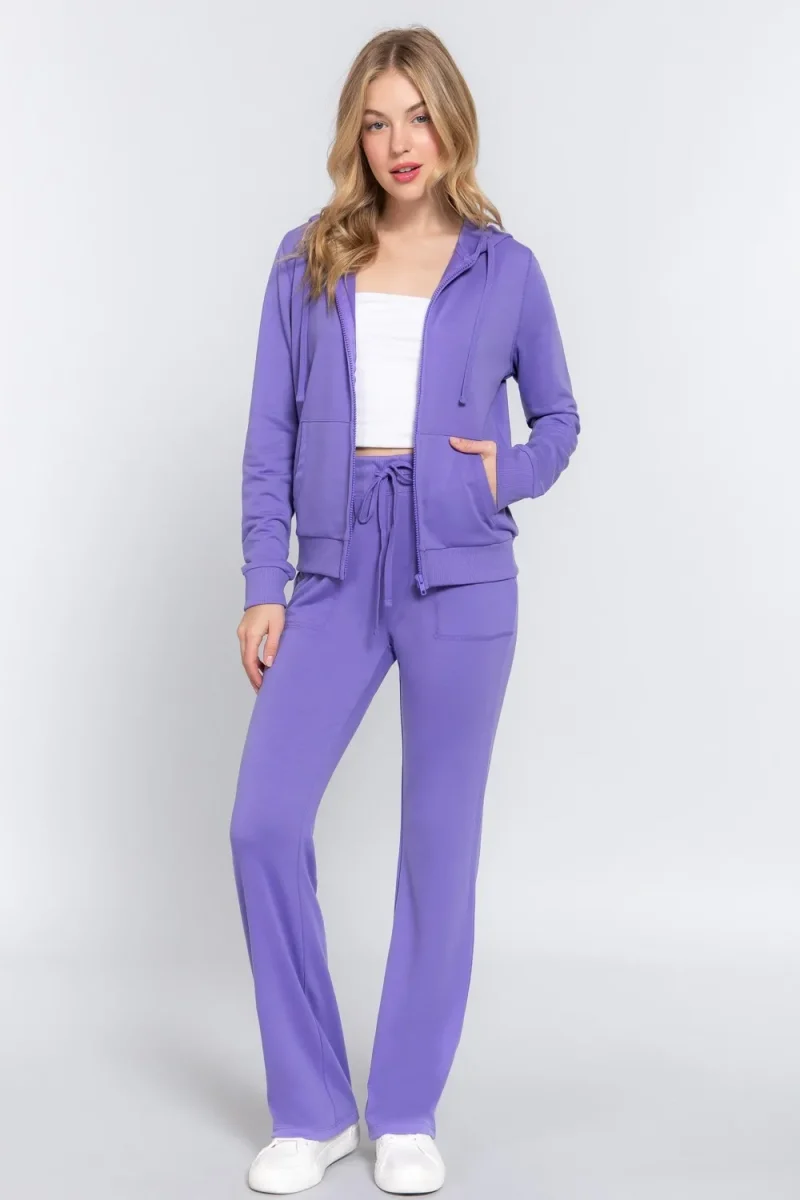 French Terry Zip Up Hoodie and Drawstring Pants Set - Purple