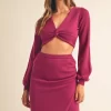 Front Twisted Knit Top and Midi Skirt Set - Magenta