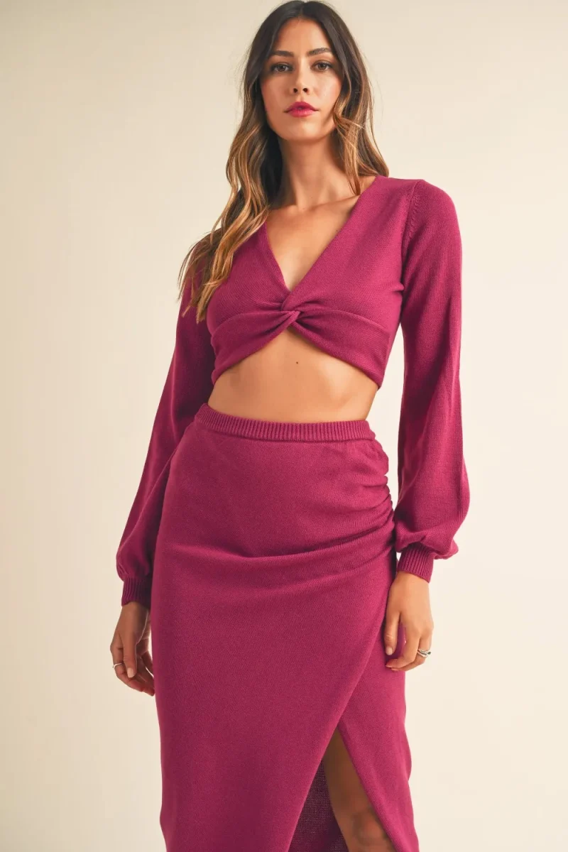 Front Twisted Knit Top and Midi Skirt Set - Magenta