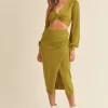 Front Twisted Knit Top and Midi Skirt Set - Moss Green