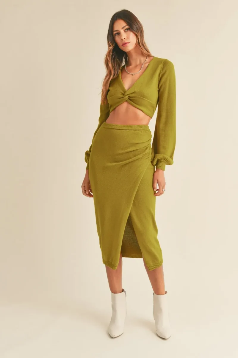 Front Twisted Knit Top and Midi Skirt Set - Moss Green