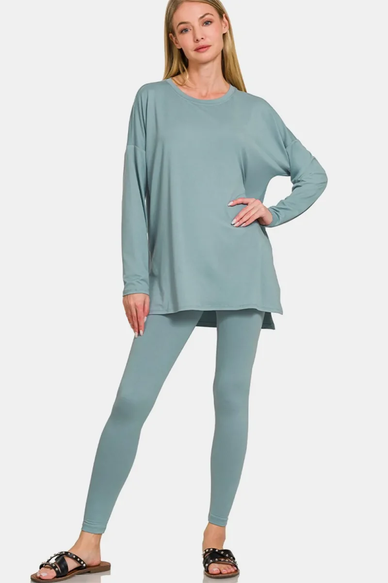 Full Size Brushed Microfiber Top and Leggings Lounge Set - Blue Grey