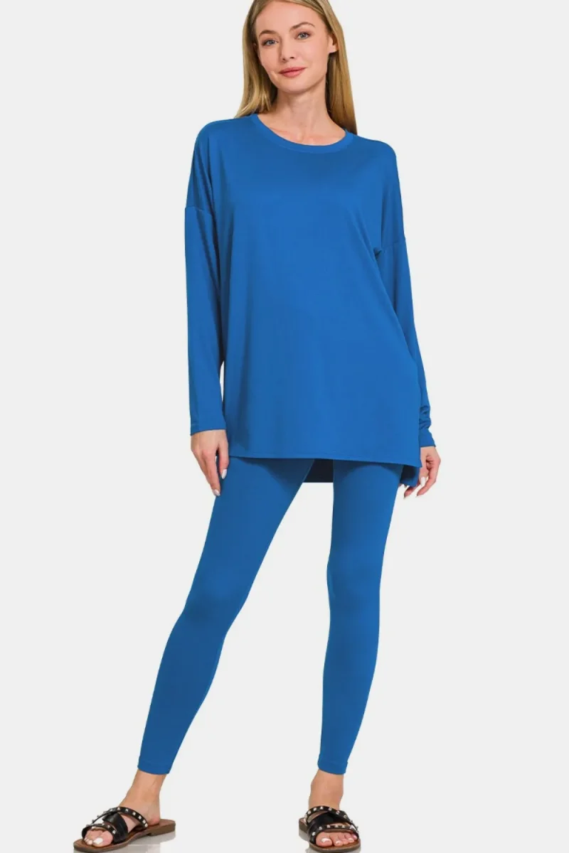Full Size Brushed Microfiber Top and Leggings Lounge Set - Classic Blue