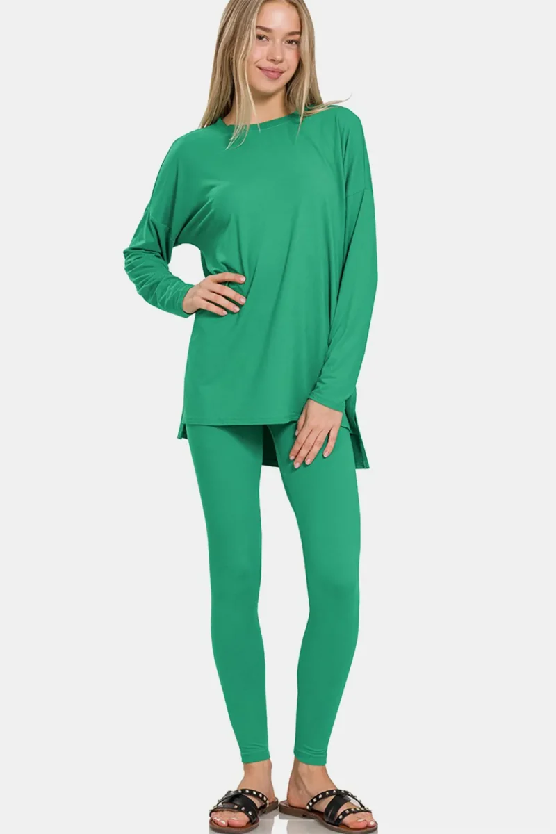 Full Size Brushed Microfiber Top and Leggings Lounge Set - K Green