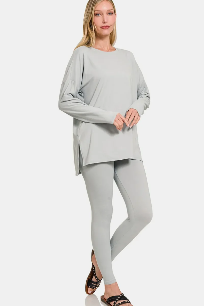 Full Size Brushed Microfiber Top and Leggings Lounge Set - Lt Grey
