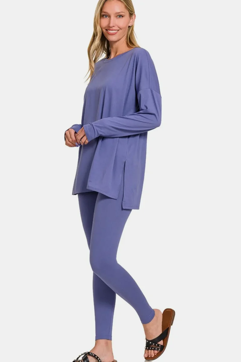 Full Size Brushed Microfiber Top and Leggings Lounge Set - Marlin
