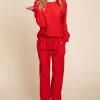 Full Size Crinkle Check Round Neck Top and Pants Lounge Set - Red