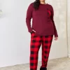 Full Size Plaid Round Neck Top and Pants Pajama Set - Dark Burgundy