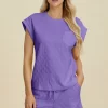 Full Size Pocketed Texture Round Neck Top and Shorts Set - Lavender