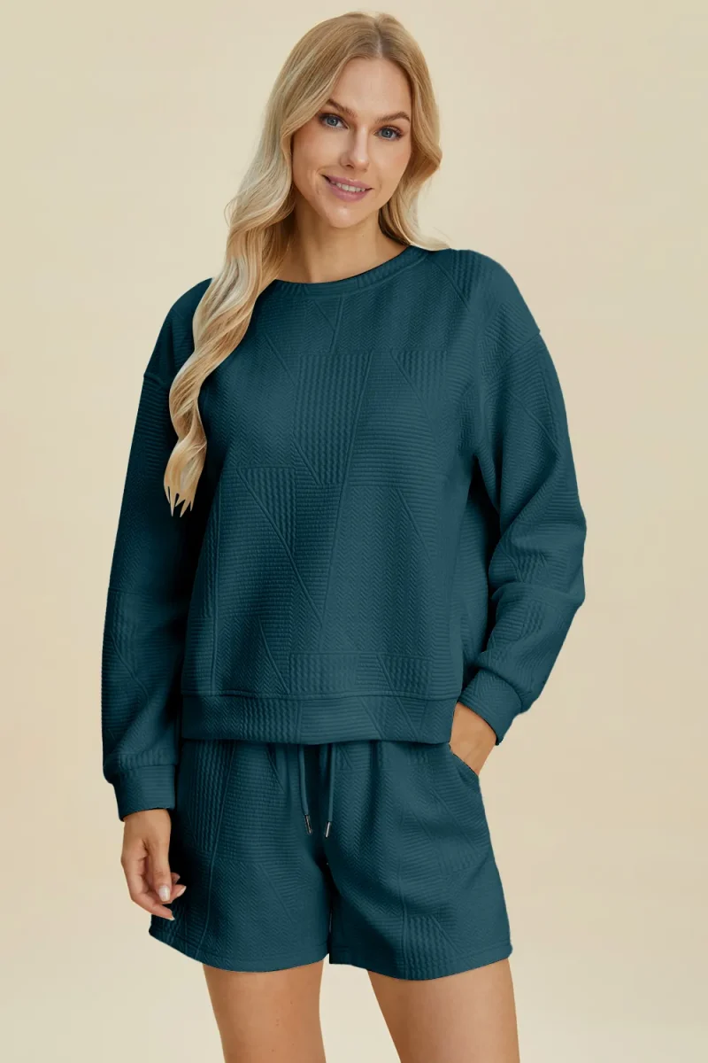 Full Size Texture Round Neck Long Sleeve Top and Shorts Set -  Peacock  Blue