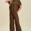 Full Size Texture Round Neck Top and Pants Set - Brown