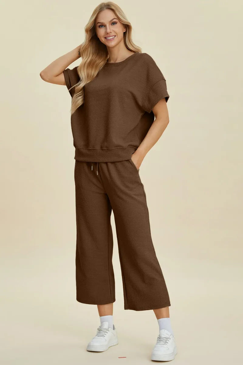 Full Size Texture Round Neck Top and Pants Set - Brown