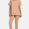 Full Size V-Neck Rolled Short Sleeve T-Shirt and Leggings Lounge Set - Brush