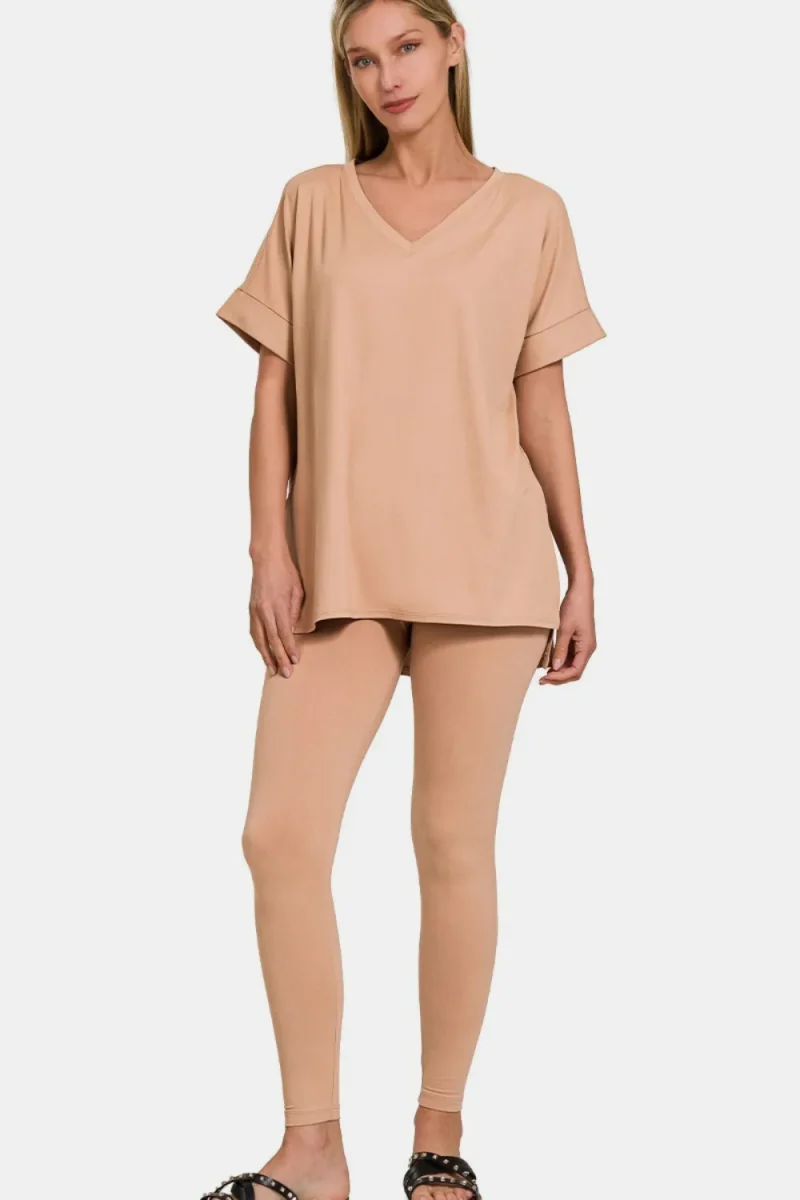 Full Size V-Neck Rolled Short Sleeve T-Shirt and Leggings Lounge Set - Brush