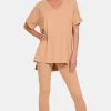 Full Size V-Neck Rolled Short Sleeve T-Shirt and Leggings Lounge Set - Dk Brush