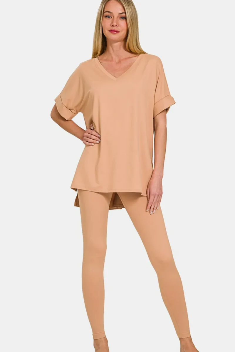 Full Size V-Neck Rolled Short Sleeve T-Shirt and Leggings Lounge Set - Dk Brush
