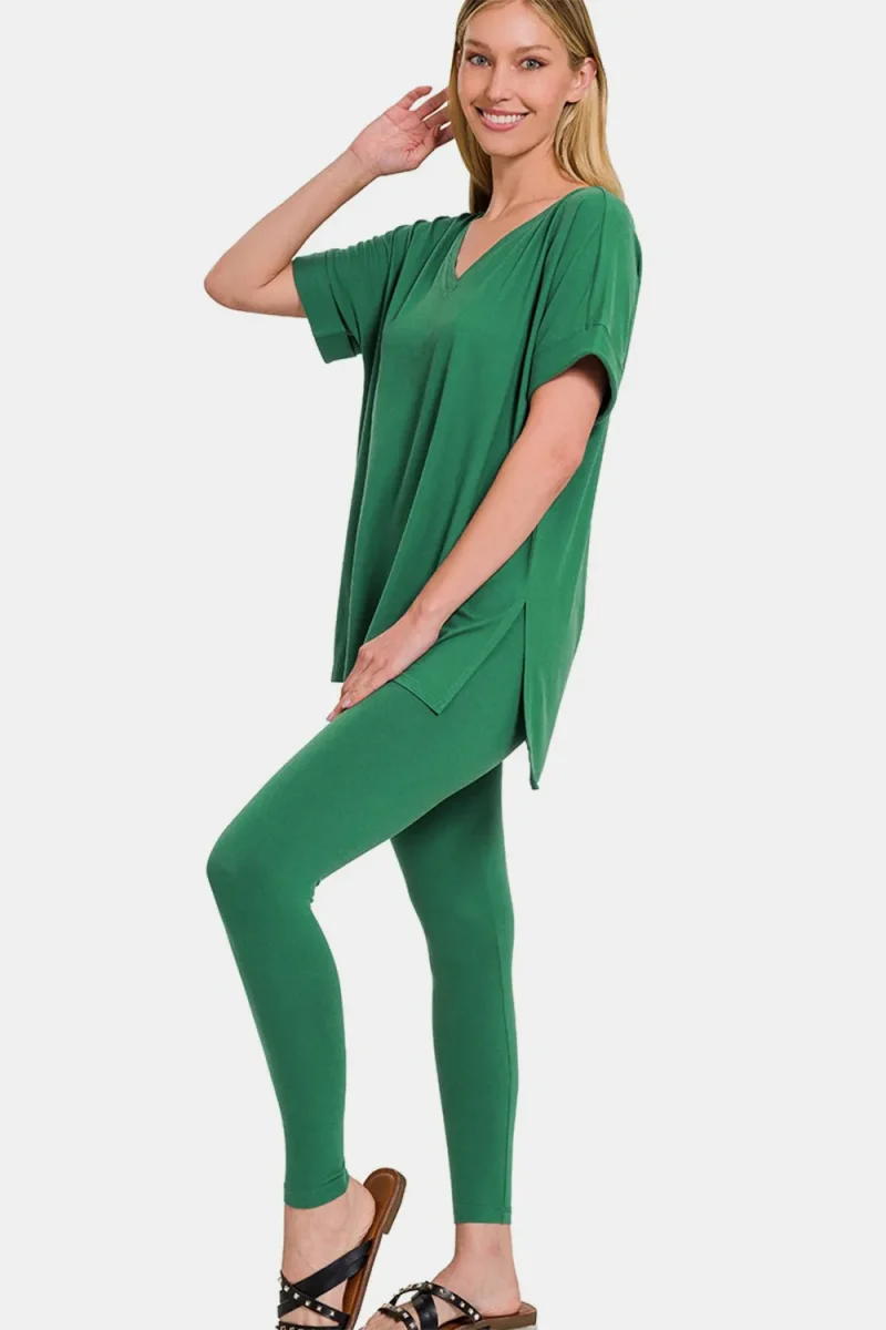 Full Size V-Neck Rolled Short Sleeve T-Shirt and Leggings Lounge Set - Forest