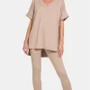 Full Size V-Neck Rolled Short Sleeve T-Shirt and Leggings Lounge Set - Lt Mocha
