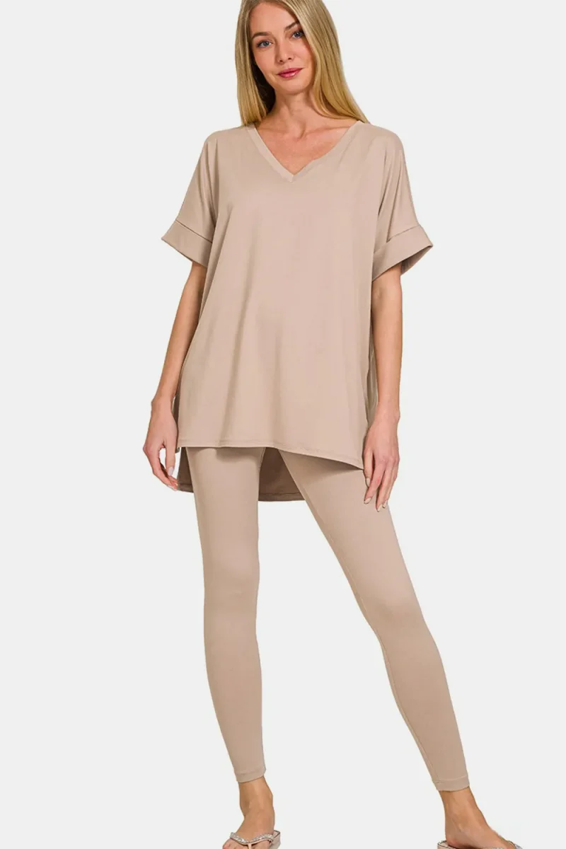 Full Size V-Neck Rolled Short Sleeve T-Shirt and Leggings Lounge Set - Lt Mocha