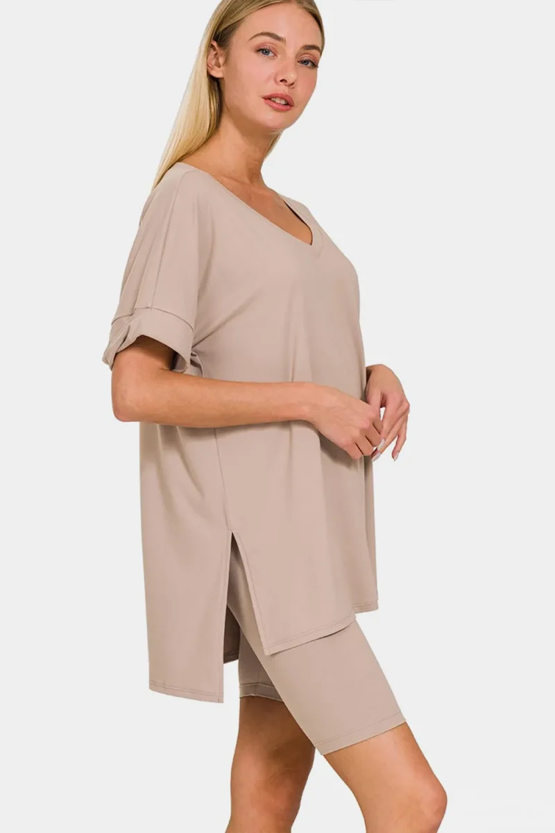 Full Size V-Neck Short Sleeve Slit T-Shirt and Shorts Set - Ash Mocha