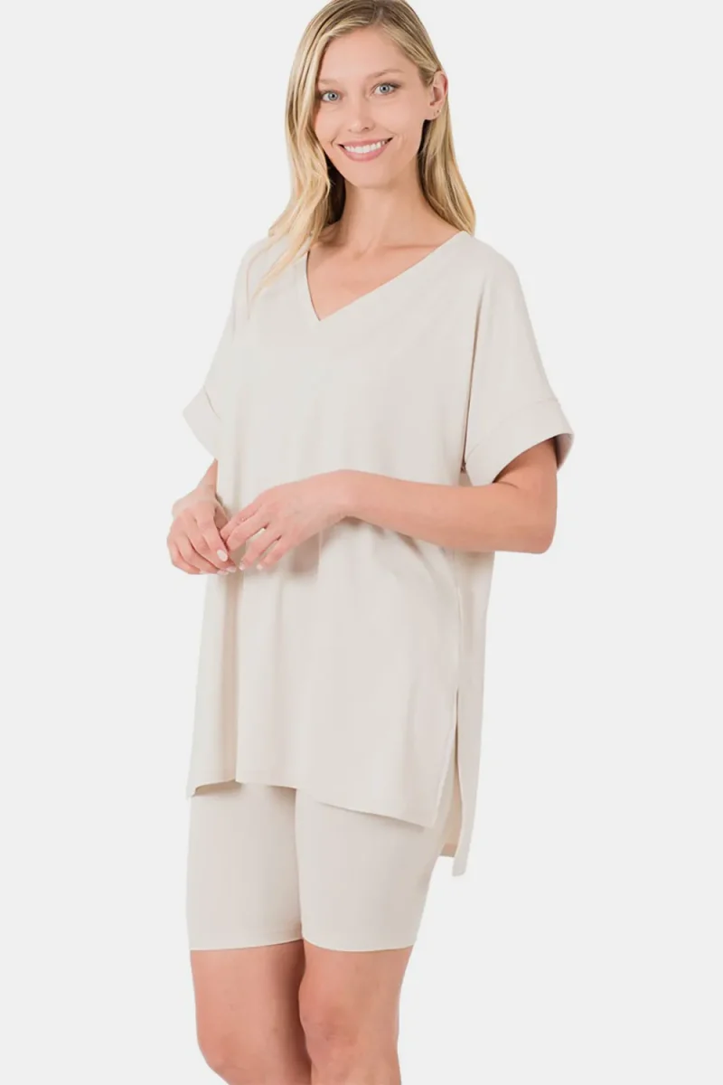 Full Size V-Neck Short Sleeve Slit T-Shirt and Shorts Set - Bone