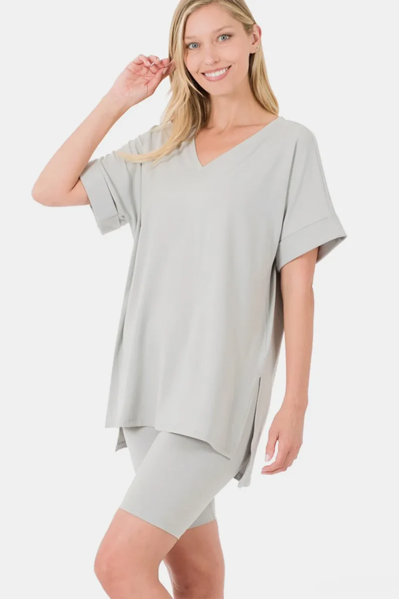 Full Size V-Neck Short Sleeve Slit T-Shirt and Shorts Set - Lt Grey