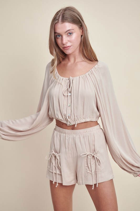 Gauze-Long-Sleeve-Button-Crop-Top-and-Short-Set-Lt-Taupe Gauze Long Sleeve Button Crop Top and Short Set - Lt Taupe