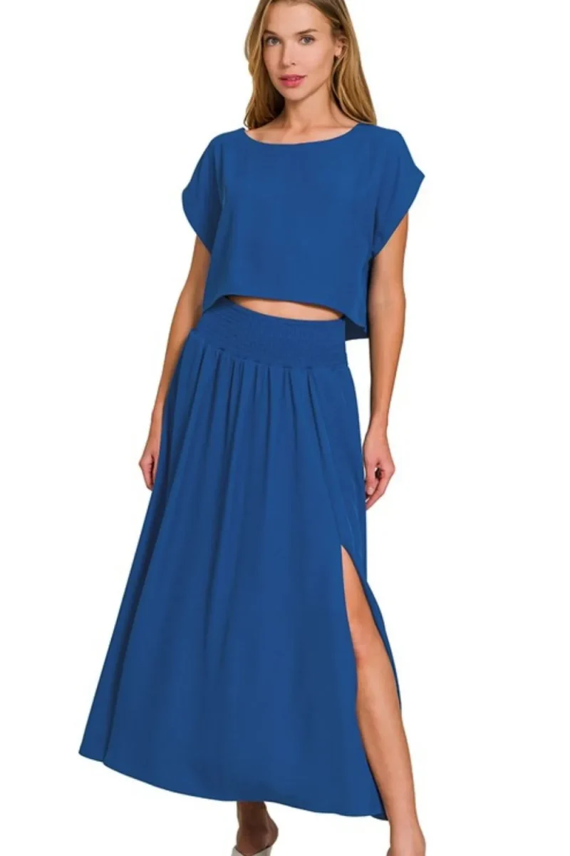 Heavy Woven Span Crop Tee & Skirt Set - Lt Navy