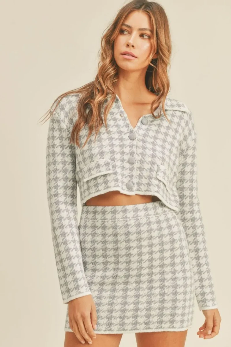 Houndstooth Cropped Knit Cardigan and Mini Skirt Set - Blue