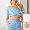 Le Lis Off Shoulder Crop Top and High Waist Shorts Set - Light Blue