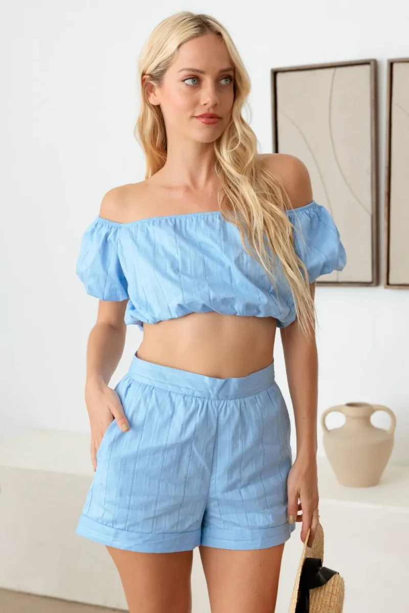 Le Lis Off Shoulder Crop Top and High Waist Shorts Set - Light Blue