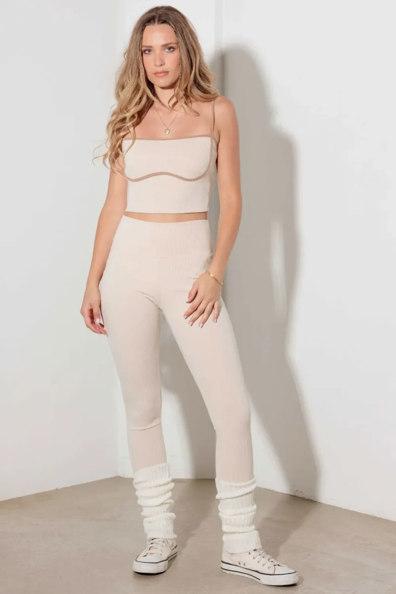 Le Lis Ribbed Crop Cami and High Waist Brushed Leggings Set - Cream Tan