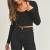 Long Sleeve Crop Sweater Top and Inner Bra Set - Black