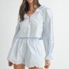 Long Sleeve Scallop Blouse and Shorts Set - Lt Blue