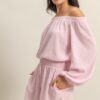 Off Shoulder Top and Shorts Set - Pink/White