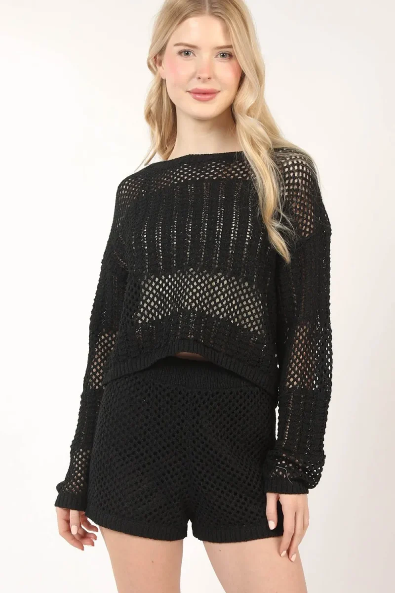 Openwork Cropped Cover Up and Shorts Set - Black