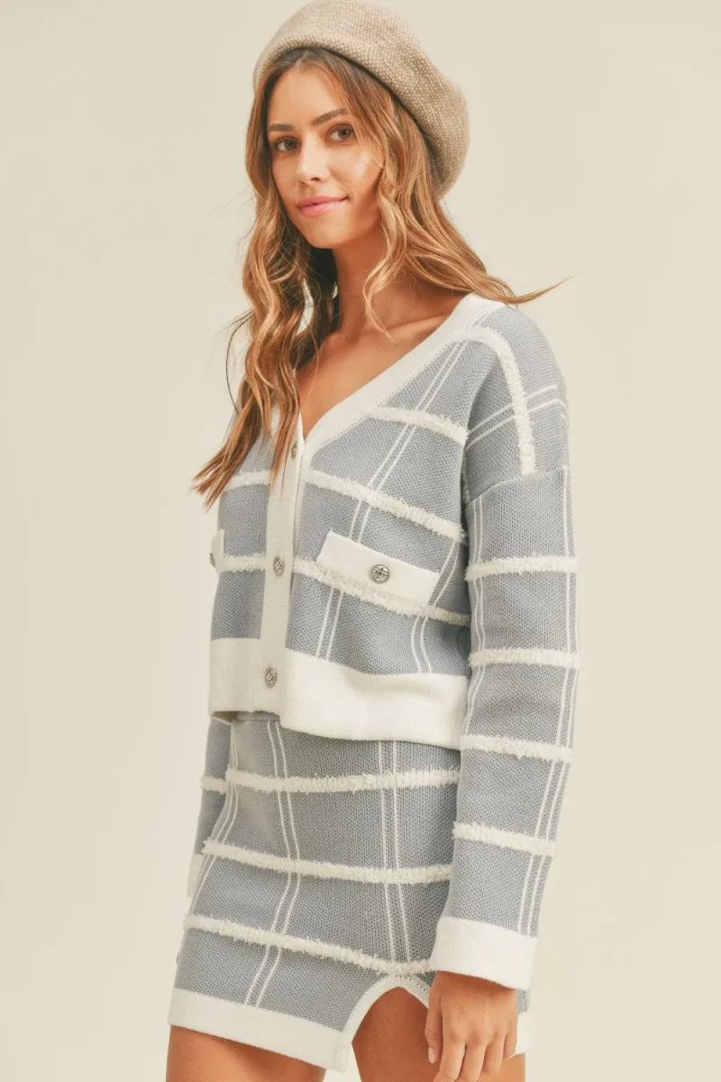 Plaid Button Down Sweater Cardigan and Mini Skirt Set - Dusty Blue