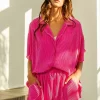 Pleated Short Sleeve Shirt and Shorts Set - Fuchsia