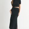 Pointelle Short Sleeve Crop Top and Slit Skirt Sweater Set - Black