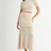 Pointelle Short Sleeve Crop Top and Slit Skirt Sweater Set - Cream