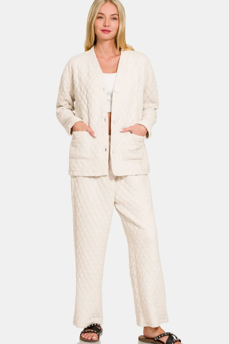Quilted Button Up Long Sleeve Top and Pants Lounge Set - Beige