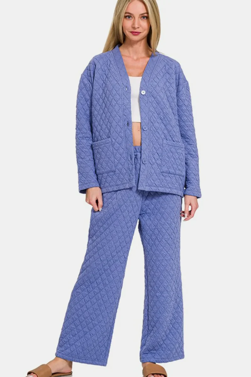 Quilted Button Up Long Sleeve Top and Pants Lounge Set - Blue Purple
