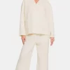 Quilted Button Up Long Sleeve Top and Pants Lounge Set - Cream